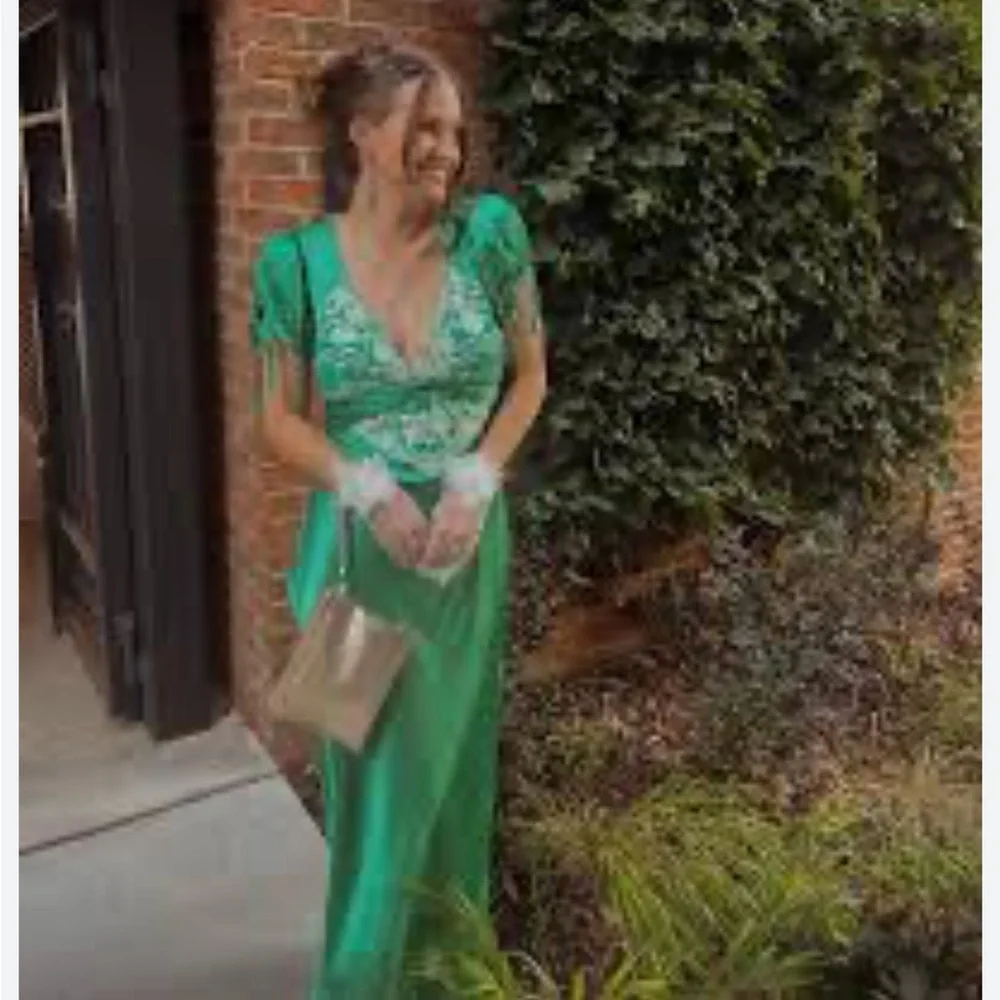 Free People Emerald Green Satin Maxi Dress with Embroidered Bodice - Picture 4 of 8